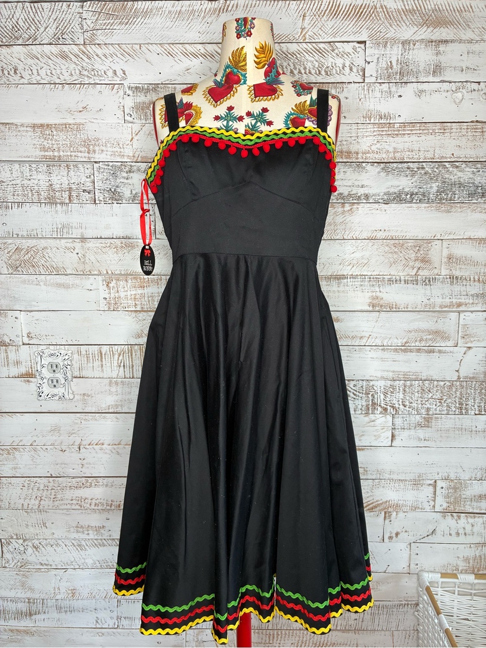 Hell Bunny Black Midi Swing Dress with Red Pom Trim